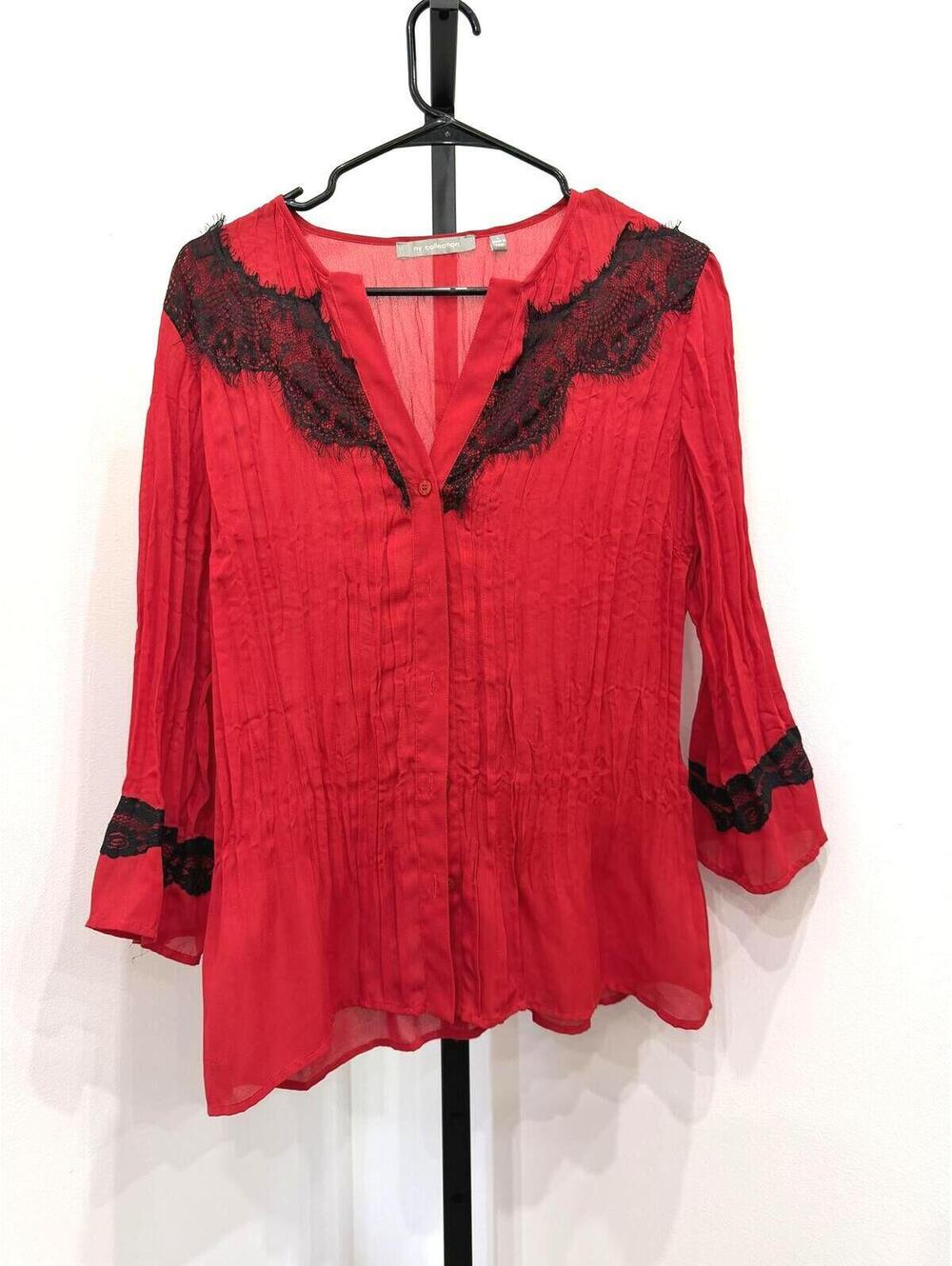 Ny Collection Large Red Blouse with Black Lace Detail